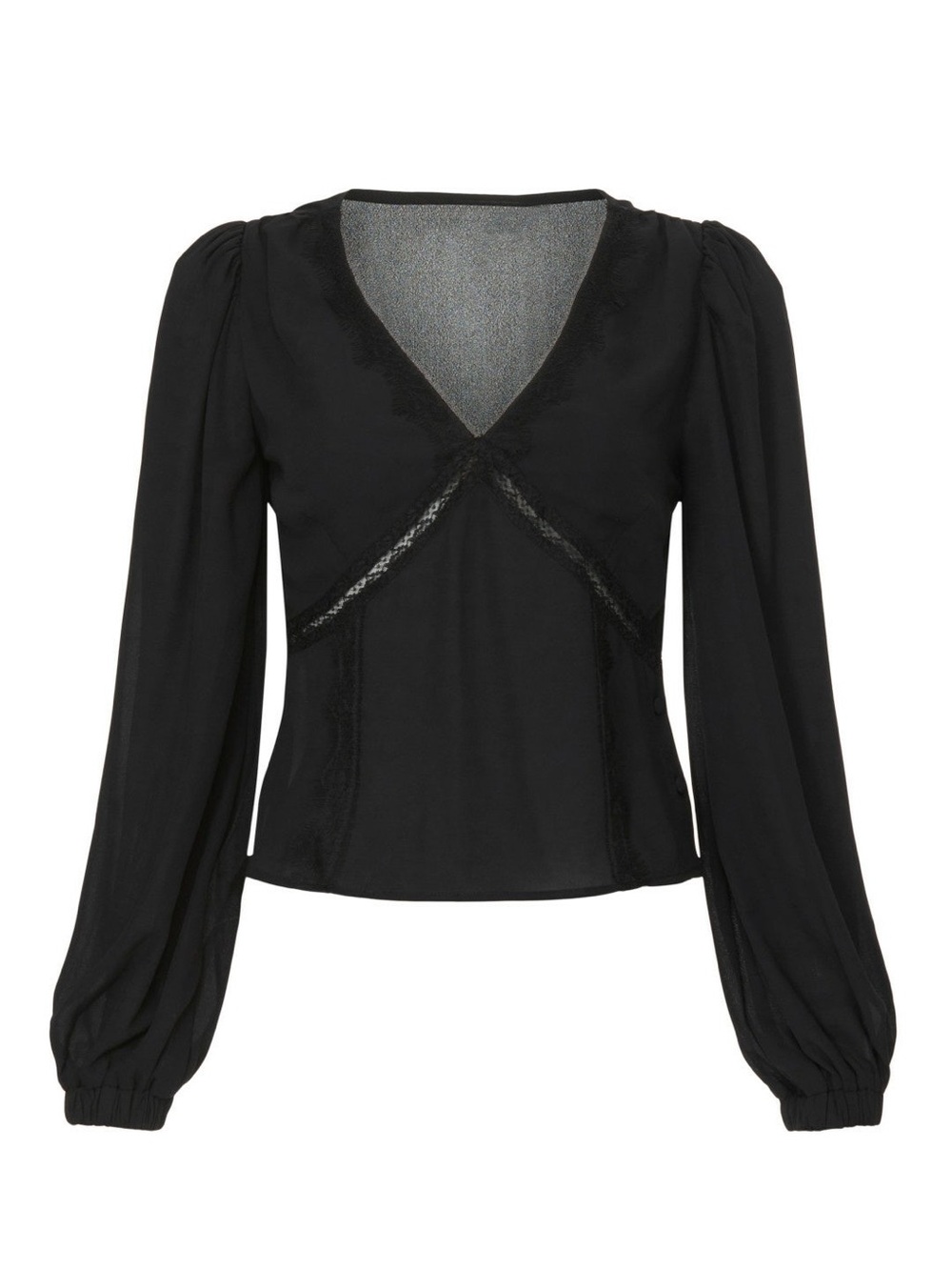 Black V-Neck Sheer Lace Trim Blouse